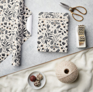Papel De Presente Natal Russo - Padrão Botânico Preto e Branco