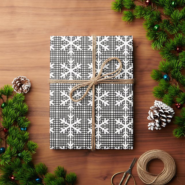 Papel De Presente Natal Rustic Black and White Xadrez Floco de Neve (Criador carregado)