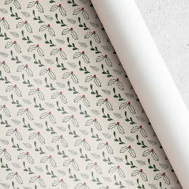 Papel De Presente Natal Rústico Bege Folhagem Fruta do Azevinho