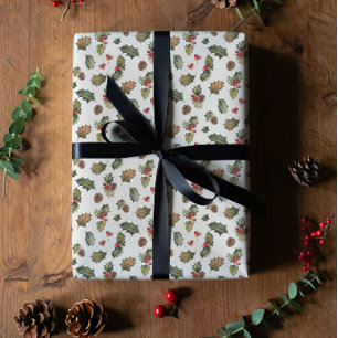 Papel De Presente Natal rústico com azevinho e pinheiro 