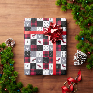 Papel De Presente Natal Rustico de Xadrez Búfalo Remendado Vermelho 