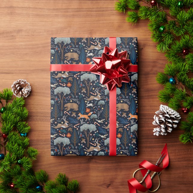 Papel De Presente Natal Rústico em Aquarela com Animais da Floresta  (Presente de Natal)