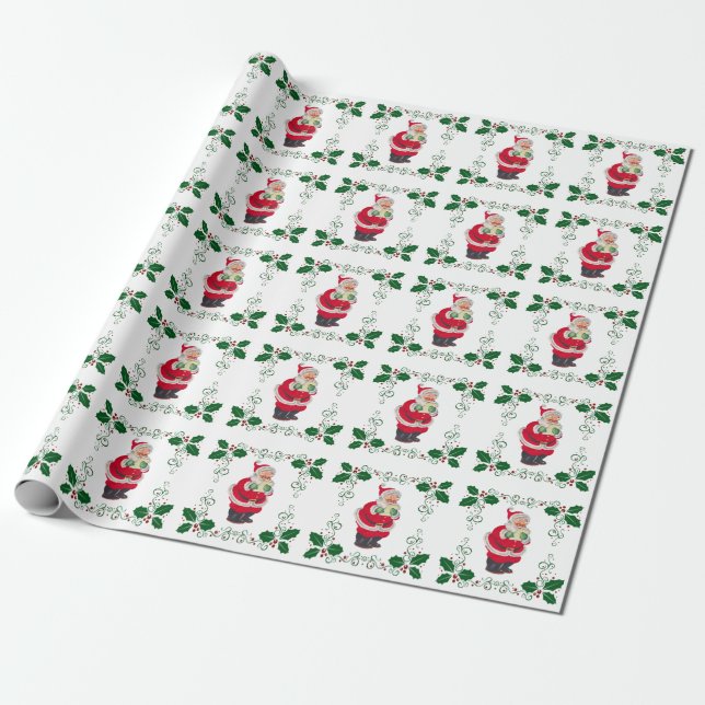Papel De Presente Natal Santa Claus e Holly (Desenrolado)