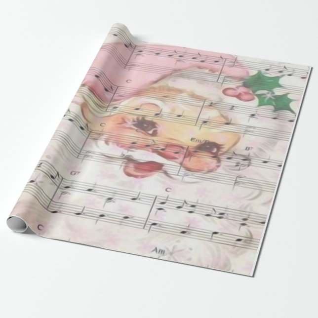 Papel De Presente Natal Santa Claus Vintage Música (Desenrolado)