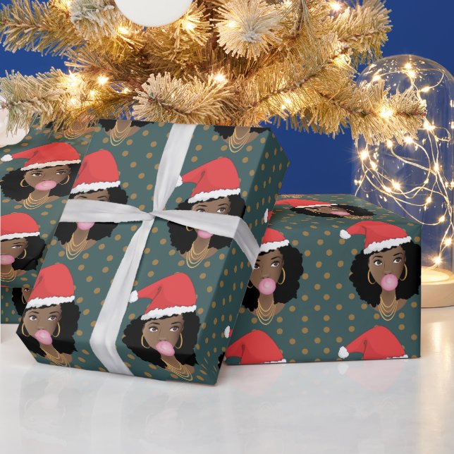 Papel De Presente Natal Santa Hat, Mulher Negra, Goma, Estrelas, Tea (Feriados)