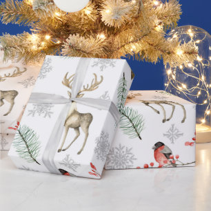 Papel De Presente Natal Temático de Cervos e Aves da Floresta