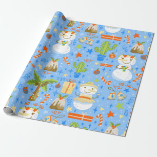 Papel De Presente natal tropical july snowman cactus verão xmas