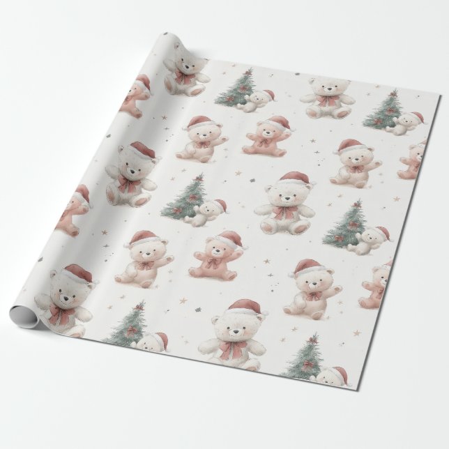 Papel De Presente Natal Ursinho de Pelúcia Rosa  (Desenrolado)