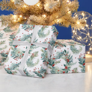 Papel De Presente Natal Verde e Berries Natal Moderno