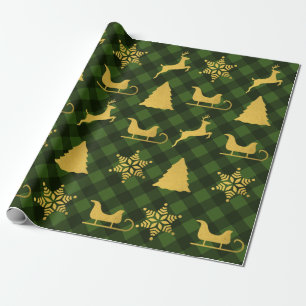 Papel De Presente Natal Verde e Xadrez Negra Buffalo Dourada Xmas