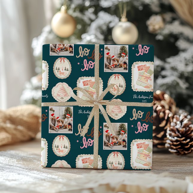 Papel De Presente Natal Verde Rosa Retrô (Criador carregado)