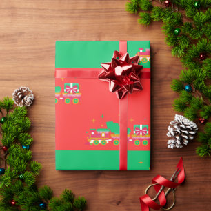 Papel De Presente Natal VERDE & VERMELHO Com Trens. Papai Noel