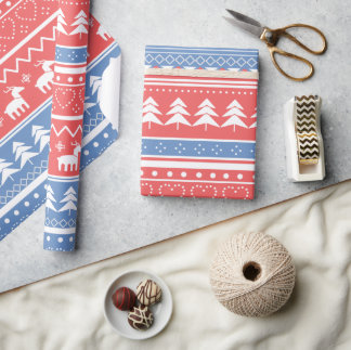 Papel De Presente Natal Vermelho e Azul Minimalista - Padrão exclusi