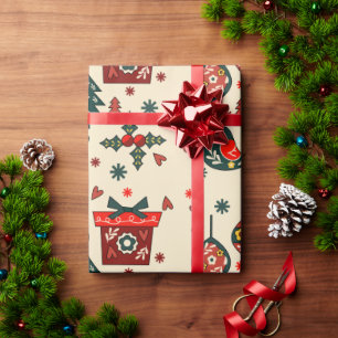 Papel De Presente Natal Vermelho e Creme Nórdico