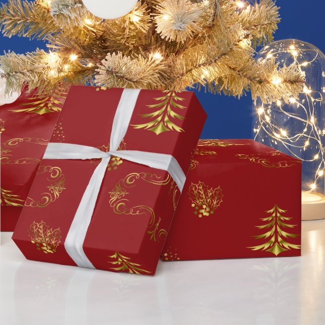 Papel De Presente Natal Vermelho e Dourado (Feriados)