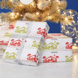 Papel De Presente Natal vermelho e dourado abençoa a natividade