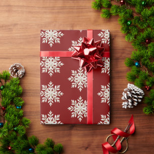 Papel De Presente Natal Vermelho Floco de Neve Creme