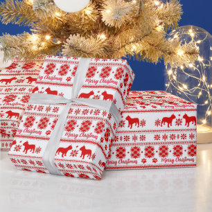 Papel De Presente Natal Vermelho Nórdico do Bulldog Francês