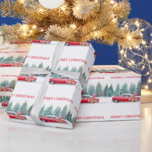 Papel De Presente Natal Vintage carro vermelho paisagem nevada