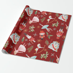 Papel De Presente Natal Vintage Conto de Fadas Quebra-Nozes Vermelho