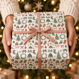 Papel De Presente Natal Vintage em Verde Salvia e Rosa