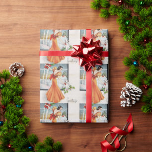 Papel De Presente Natal vintage Garota Por Uma Janela Com Seu Cachor