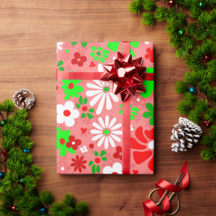 Papel De Presente natal vintage groovy anos 60 floral flocos de neve