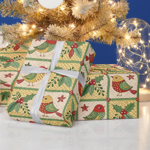 Papel De Presente Natal Vintage Pássaro Azevinho Berry Cottagecore