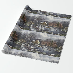 Papel De Presente Natal vintage, patinadores adiantados do inverno