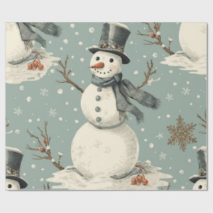 Papel De Presente Natal Vintage Retro Boneco de Neve Fofo 