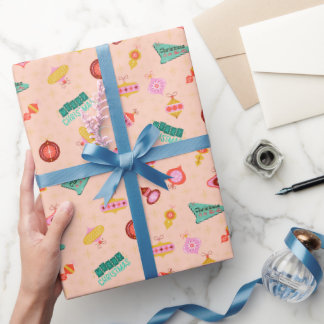 Papel De Presente Natal Vintage Retro dos Anos 60 em Laranja Claro
