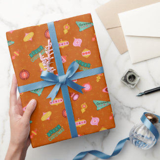 Papel De Presente Natal Vintage Retro dos Anos 60 em Laranja Escuro