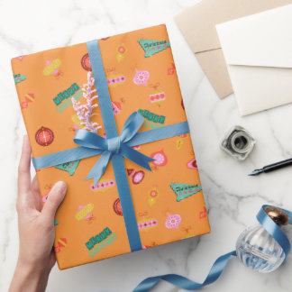 Papel De Presente Natal Vintage Retro dos Anos 60 em Laranja Suave