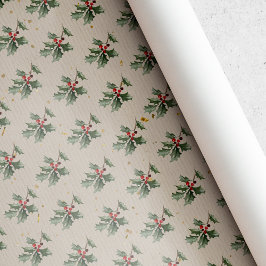 Papel De Presente Natal Vintage Rústico com Folhas e Frutas de Azevi
