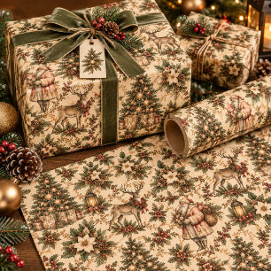 Papel De Presente Natal Vintage Sage Verde e Bege Floresta 
