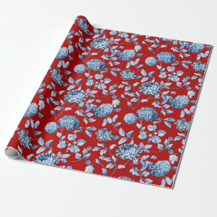 Papel De Presente Natal vintage Toile floral do vermelho azul