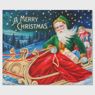 Papel De Presente Natal Vintage Verde Trenó do Papai Noel Noite Estr