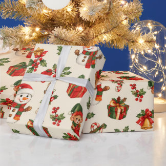 Papel De Presente Natal vintage vermelho e verde Papai Noel Rena