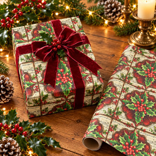 Papel De Presente Natal Vintage Vitoriano Azevinho Frutas Vermelhas