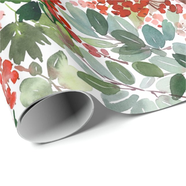 Papel De Presente Natal Watercolor Foliage Holly Berry Holiday (Ponta do rolo)