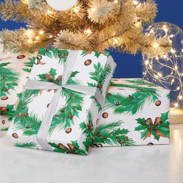 Papel De Presente Natal Wreathes Berries Arcos Natal moderno (Feriados)