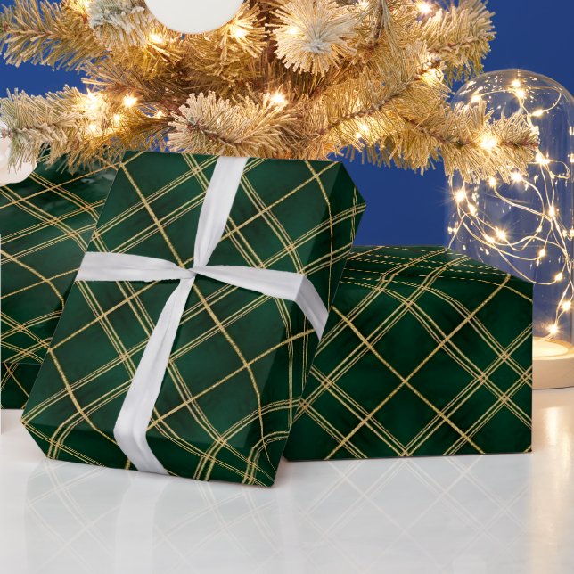 Papel De Presente Natal Xadrez Esmeralda Dourado Elegante (Feriados)