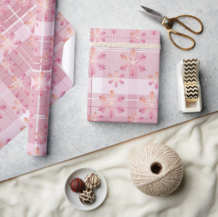 Papel De Presente Natal Xadrez Rosa Flocos de Neve Lindos