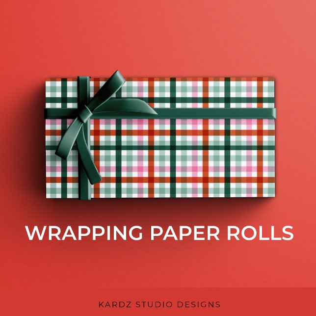 Papel De Presente Natal Xadrez Vermelho Verde Rosa (Modern Gingham Christmas gift-wrapping roll, with pink, red, and green a trendy holiday pattern.)