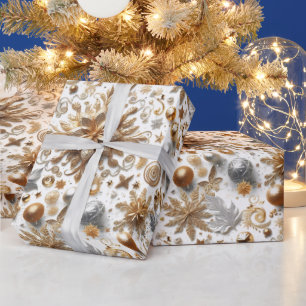 Papel De Presente Natalina Glamourosa Prata e Dourado Florido 