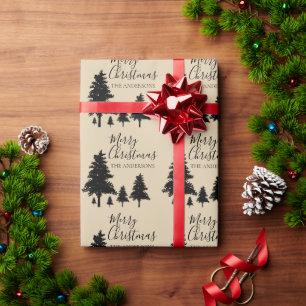 Papel De Presente Natalina Marrom Preto Árvore Feliz Natal Rústico P