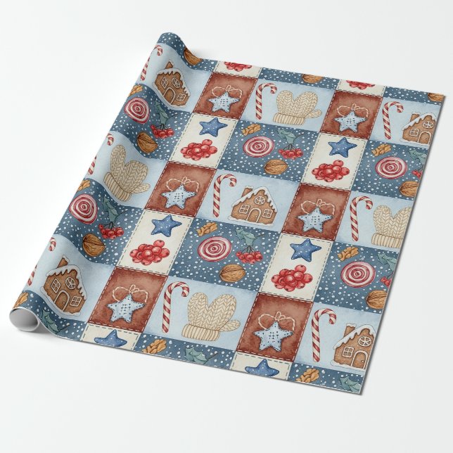 Papel De Presente Natalina Patchwork de Inverno Natal (Desenrolado)