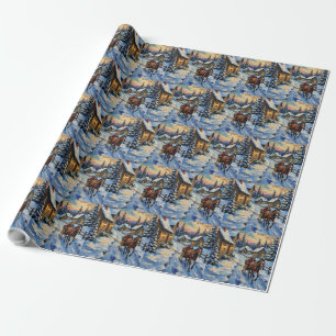 Papel De Presente Natalina Vintage com Cavalo e Trenó na Neve