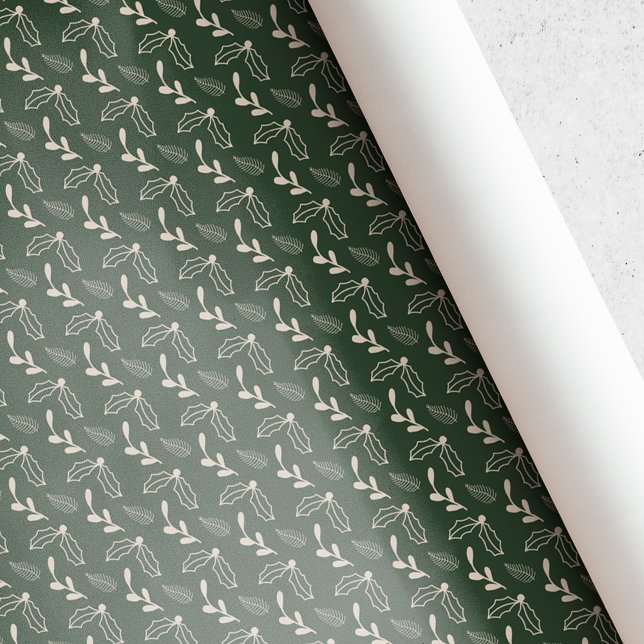 Papel De Presente Natalino Folhagem de Folha de Azevinho Verde Flore (Criador carregado)