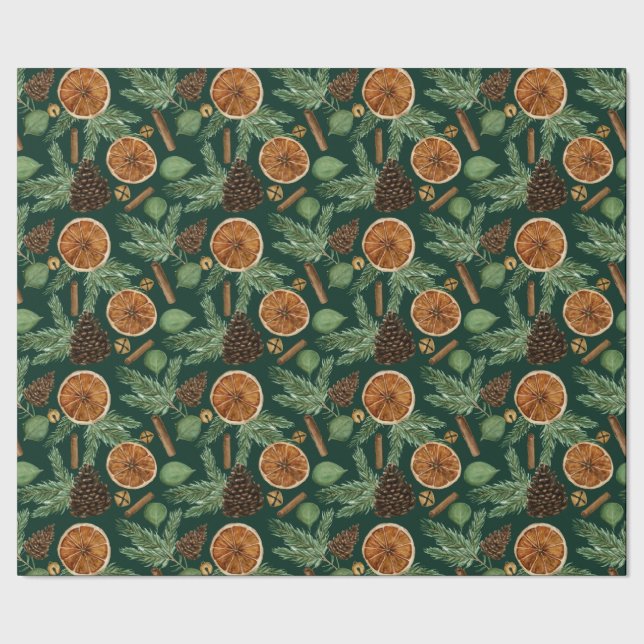 Papel De Presente Natalino Rústico Laranja Seca Pinheiro Verde  (Barra)
